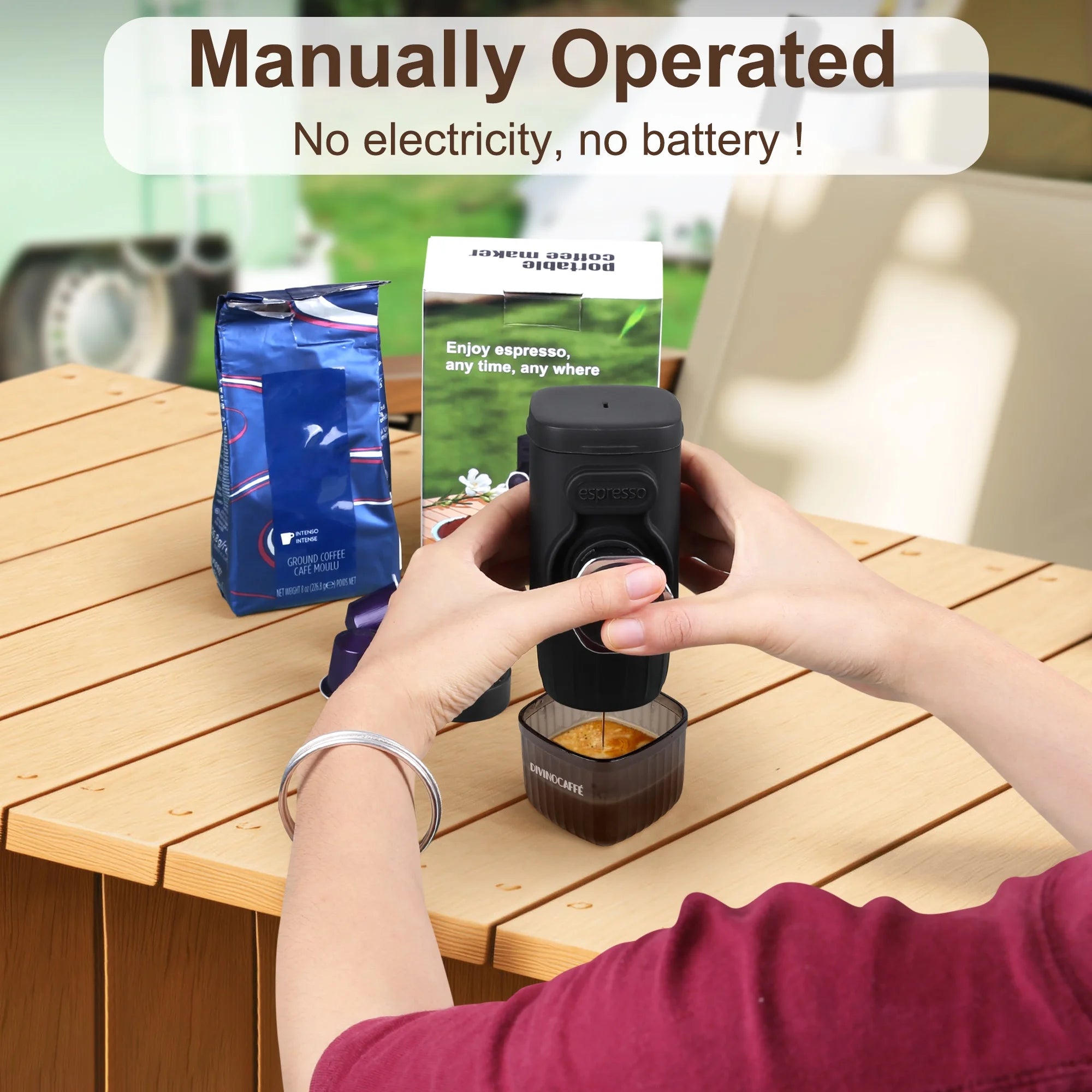 Portable Mini Espresso Machine, Compatible for Capsules and Coffee Powder, 18 Bar Pressure, Manual Operation, Essential for Camping Trips